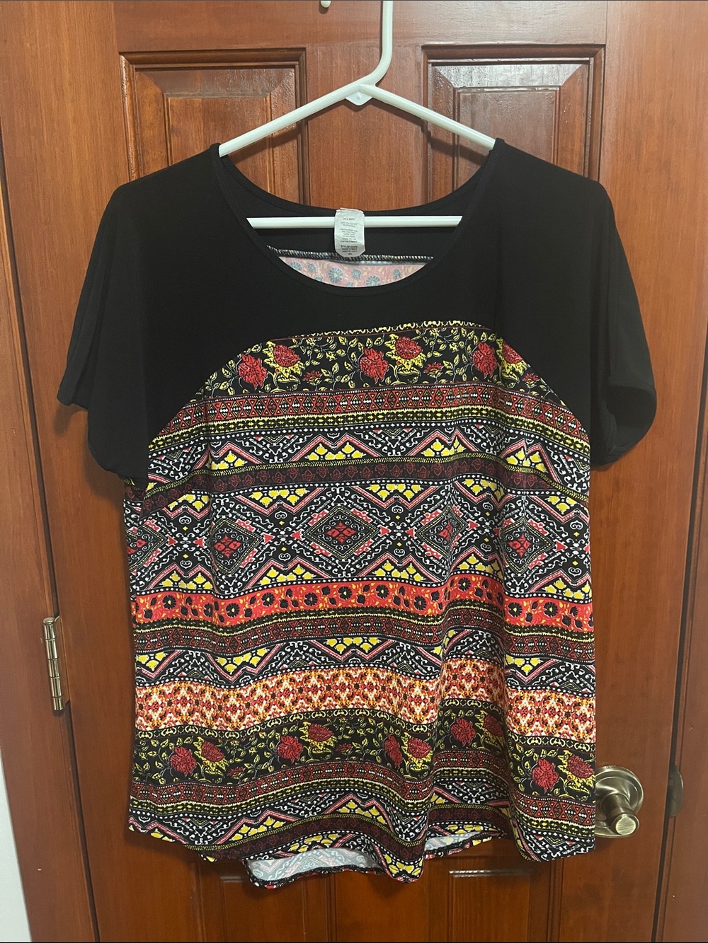 PerSeption Concept Black Short Sleeve Tunic with Red & Yellow Boho Print